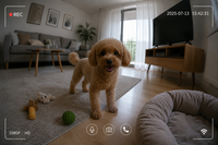 Shopify WiFi Pet Monitor Camera 5MP indoor security camera showing a pet being monitored in a home setting.