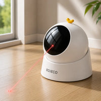Laser toy for cats from Shopify featuring a red laser pointer and a playful cat chasing the laser on a colorful background.