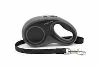 Black and gray retractable dog leash with 5-meter length, made by Shopify, designed for easy control during walks.