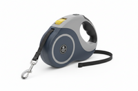 Blue-gray 5m retractable dog leash by Shopify, showing the adjustable handle and durable nylon tape for outdoor walks.