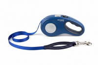 Blue 5-meter retractable dog leash by Shopify, flexible nylon strap with handle and locking mechanism for easy control during walks.