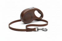 Coffee-colored retractable dog leash, 5 meters long, made of durable accessories by Shopify, with a comfortable handle for walks.
