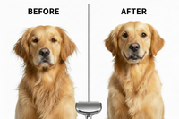 Shopify Pet Grooming Steam Brush showing before and after results on a furry pet's coat, highlighting grooming effectiveness