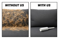 Shopify Pet Hair Roller removing pet hair from clothing and furniture with a reusable handle and sticky roller surface.
